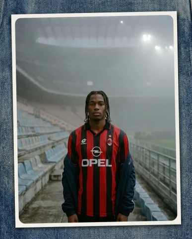 Foggy Stadium Retro Football Kit 1 — Nano Banana AI Prompt: The photograph depicts: Young athletic man with long box braids pulled back loos...