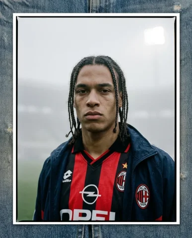 Foggy Stadium Retro Football Kit 4 — Nano Banana AI Prompt: The photograph depicts: Close-up portrait from the chest up of a young athletic...