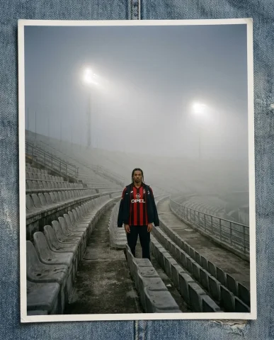 Foggy Stadium Retro Football Kit 7 — Nano Banana AI Prompt: The photograph depicts: Wide establishing shot of the vast lower tier of a fog-f...