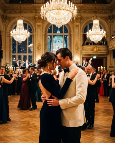 Opulent Ballroom Dance Vintage Romance 1 — Nano Banana AI Prompt: Viennese opera house ballroom during a late-evening winter gala. A young elegant...
