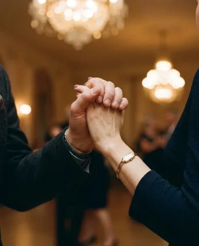 Opulent Ballroom Dance Vintage Romance 2 — Nano Banana AI Prompt: Extreme close-up of intertwined hands during a slow waltz in a grand Viennese ba...