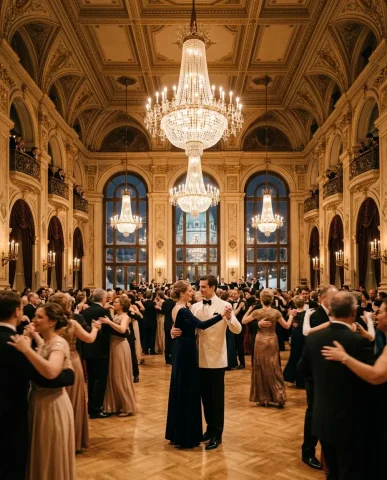 Opulent Ballroom Dance Vintage Romance 3 — Nano Banana AI Prompt: Wide establishing shot of a grand Viennese opera house ballroom during a late-ev...