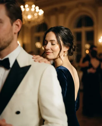 Opulent Ballroom Dance Vintage Romance 4 — Nano Banana AI Prompt: Over-the-shoulder portrait shot from behind the man during a slow waltz in a gra...