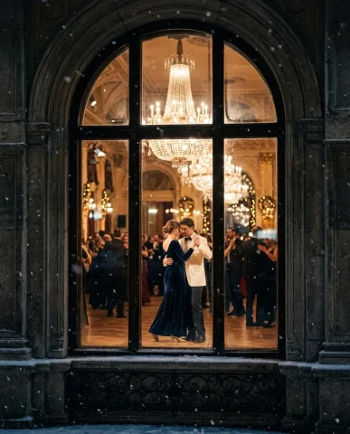 Opulent Ballroom Dance Vintage Romance 6 — Nano Banana AI Prompt: Viennese opera house looking in through a towering arched window. The glass is c...