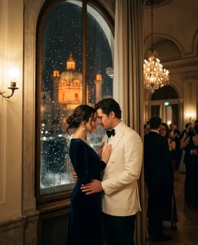 Opulent Ballroom Dance Vintage Romance 7 — Nano Banana AI Prompt: An intimate post-dance moment in the grand Viennese ballroom. The couple stands...