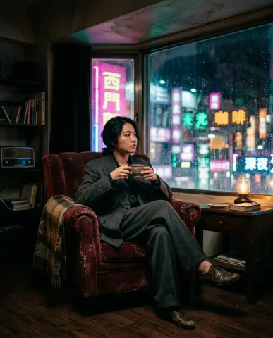 Neo-Noir Window Gazer 3 — Nano Banana AI Prompt: She holds the half-empty teacup in both hands near her chin, steam curling upwar...