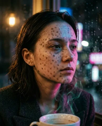 Neo-Noir Window Gazer 4 — Nano Banana AI Prompt: Taipei apartment at 3 a.m. The rain droplets on the glass cast tiny circular sha...
