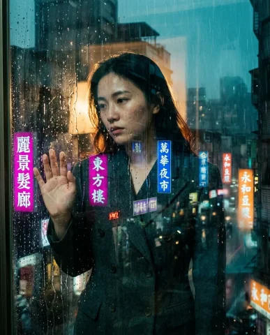 Neo-Noir Window Gazer 6 — Nano Banana AI Prompt: Cinematic shot focused on the rain-streaked bay window glass of an aging Taipei...