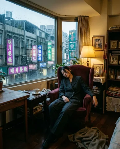 Neo-Noir Window Gazer 7 — Nano Banana AI Prompt: Rain droplets on the glass create prismatic refractions where they overlap her r...