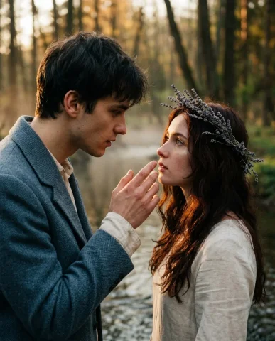 Lovers in a Forest Stream 1 — Nano Banana AI Prompt: Cinematic moody woodland scene at late golden hour. A young woman with a loose c...