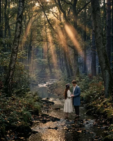 Lovers in a Forest Stream 3 — Nano Banana AI Prompt: Cinematic portrait from behind the young woman in a moody woodland creek at lat...