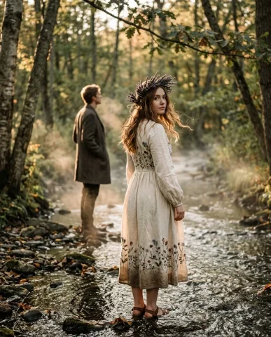Lovers in a Forest Stream 4 — Nano Banana AI Prompt: Cinematic intimate portrait in a moody woodland creek at late golden hour. The c...