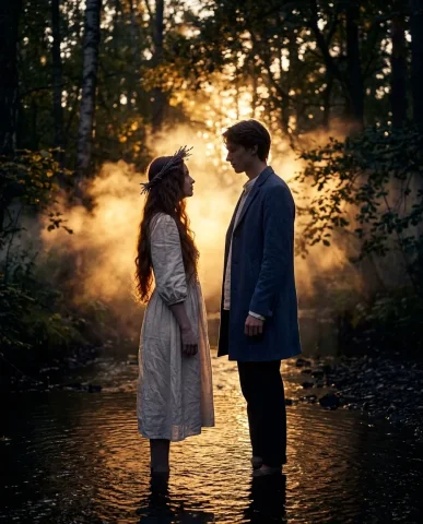 Lovers in a Forest Stream 6 — Nano Banana AI Prompt: Muted A24-style color grading with strong warm-cool color tension. Shot on 35mm...