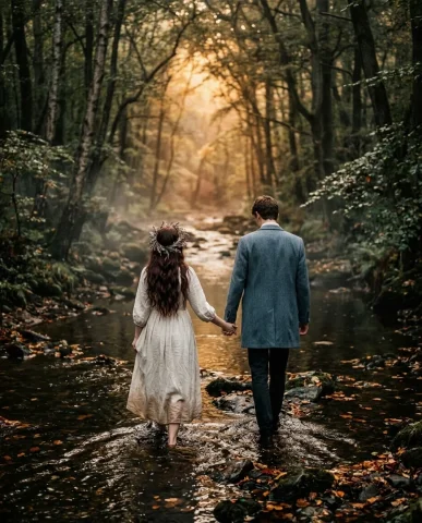 Lovers in a Forest Stream 7 — Nano Banana AI Prompt: Cinematic departure shot in a moody woodland creek at late golden hour. Both fig...