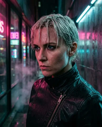 Cyberpunk Alley Close-Up 1 — Nano Banana AI Prompt: She wears a matte black high-collar leather jacket with a brushed nickel zipper...