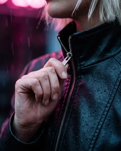 Cyberpunk Alley Close-Up 4 — Nano Banana AI Prompt: The wet concrete floor reflects both neon colors in long blurred streaks leading...