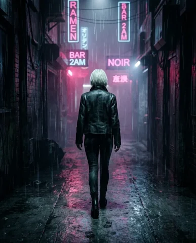 Cyberpunk Alley Close-Up 5 — Nano Banana AI Prompt: The woman's face is reflected in the still water — her fierce expression, croppe...