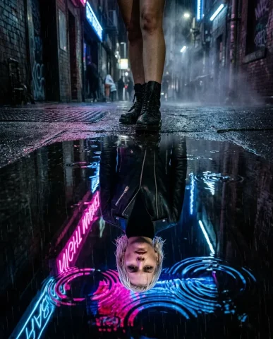 Cyberpunk Alley Close-Up 6 — Nano Banana AI Prompt: She wears the matte black high-collar leather jacket with brushed nickel zipper,...