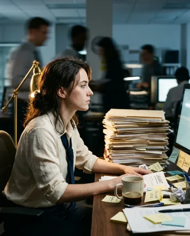 Overwhelmed Office Worker 3 — Nano Banana AI Prompt: Her sharp profile against the blurred chaos — the line of her forehead, nose, li...