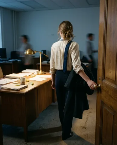 Overwhelmed Office Worker 7 — Nano Banana AI Prompt: Her slightly rumpled cream silk blouse with sleeves pushed to the elbows is visi...