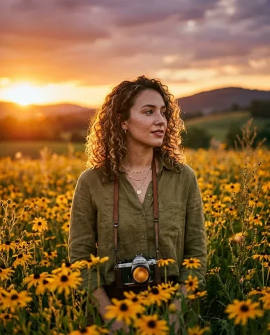 Sunset Flower Field Portrait 1 — Nano Banana AI Prompt: Cinematic sunset close-up portrait of a person with distinctive features in a sp...