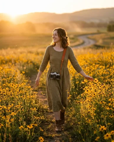 Sunset Flower Field Portrait 3 — Nano Banana AI Prompt: Cinematic sunset portrait of a person with distinctive features sitting cross-le...