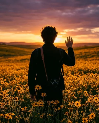 Sunset Flower Field Portrait 5 — Nano Banana AI Prompt: Cinematic sunset portrait shot from directly above — a person with distinctive f...