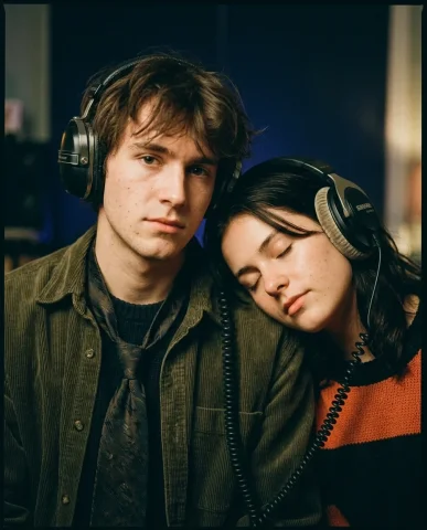 Dual Headphone Portrait 4 — Nano Banana AI Prompt: The camera captures the back of their heads and upper shoulders — the headphone...