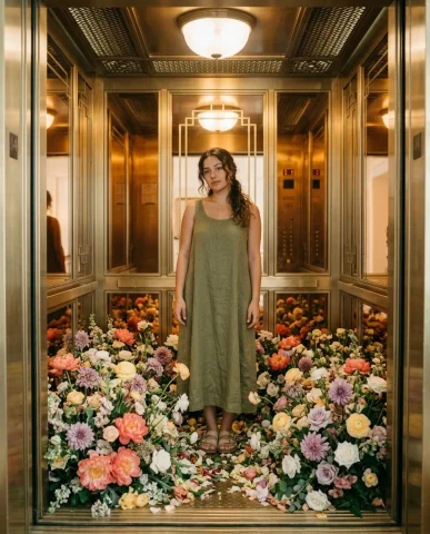 Elevator Flower Surreal 1 — Nano Banana AI Prompt: Close-up portrait of a person with distinctive features inside a reflective brus...