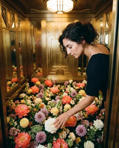 Elevator Flower Surreal 3 — Nano Banana AI Prompt: The composition shows the real subject occupying the left third of the frame — s...