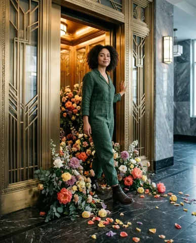 Elevator Flower Surreal 6 — Nano Banana AI Prompt: Use [your photo] as the main subject. Place the subject standing inside a reflec...