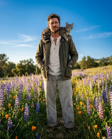 Wildflower Field with Cat 1 — Nano Banana AI Prompt: Ultra-realistic close-up cinematic photo of a person with distinctive features a...