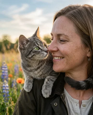 Wildflower Field with Cat 2 — Nano Banana AI Prompt: Ultra-realistic cinematic photo of a person with distinctive features walking th...
