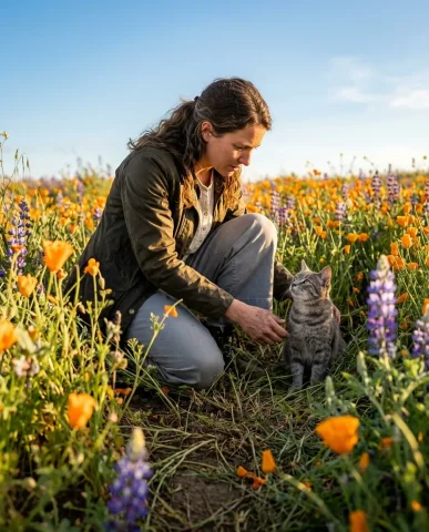 Wildflower Field with Cat 4 — Nano Banana AI Prompt: Ultra-realistic cinematic profile portrait of a person with distinctive features...