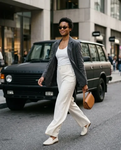 Street Style SUV Fashion 2 — Nano Banana AI Prompt: Wide street style fashion photograph on a quiet urban street. A stylish woman wa...