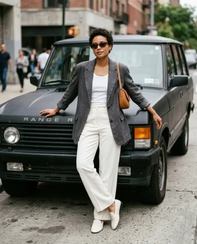 Street Style SUV Fashion 3 — Nano Banana AI Prompt: She is wearing a relaxed oversized charcoal-gray linen blazer over a white ribbe...