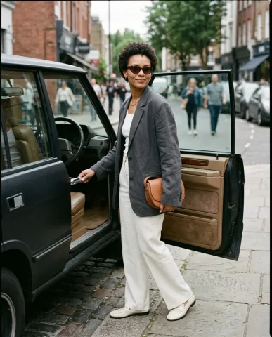 Street Style SUV Fashion 5 — Nano Banana AI Prompt: Close-up portrait of a woman in tortoiseshell cat-eye sunglasses reflecting a Ra...