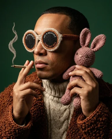 Crochet Art Fashion Editorial 1 — Nano Banana AI Prompt: Hyper-realistic cinematic portrait in a crochet and knitted art style. A person...