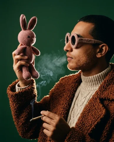 Crochet Art Fashion Editorial 4 — Nano Banana AI Prompt: Profile view of a person holding a crocheted rabbit plush at eye level, backligh...