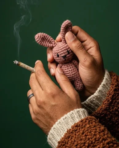 Crochet Art Fashion Editorial 5 — Nano Banana AI Prompt: Macro detail of hands holding a crocheted dusty rose rabbit and a cigarette, yar...