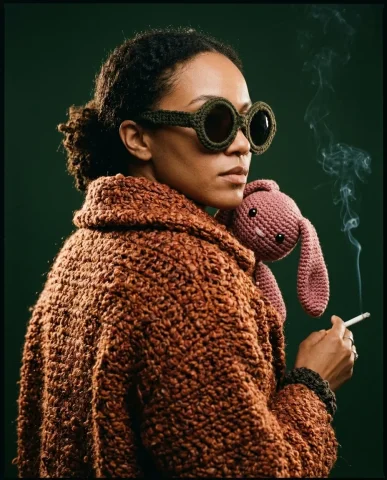 Crochet Art Fashion Editorial 6 — Nano Banana AI Prompt: Three-quarter back view showing the boucle overcoat texture in full detail, croc...
