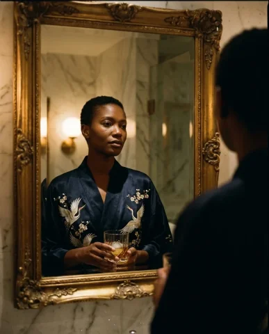 Luxury Bathroom Kimono Portrait 3 — Nano Banana AI Prompt: Subject standing in a dimly lit luxury hotel bathroom with floor-to-ceiling Cala...