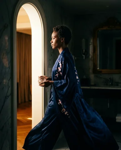 Luxury Bathroom Kimono Portrait 6 — Nano Banana AI Prompt: The gilded edge of the mirror frame visible at the top of the frame. Warm sconce...