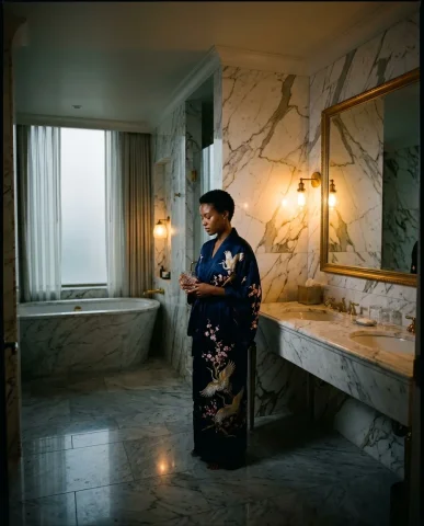 Luxury Bathroom Kimono Portrait 7 — Nano Banana AI Prompt: Profile silhouette of a person in a silk kimono walking through a bathroom doorw...