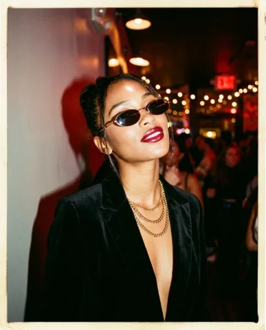 90s Paparazzi Glamour 1 — Nano Banana AI Prompt: Rich amber and deep crimson lighting from a mix of on-camera flash and warm over...