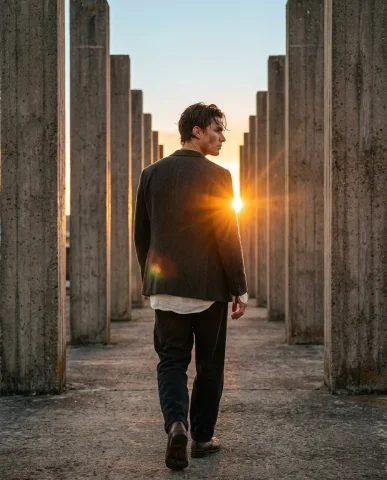 Sunlit Halo Editorial Portrait 6 — Nano Banana AI Prompt: Low-angle editorial portrait of a man in a herringbone blazer with a blazing sun...