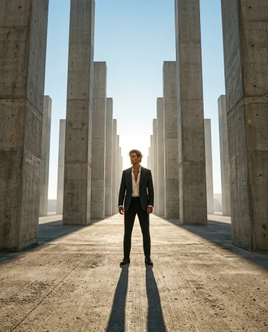 Sunlit Halo Editorial Portrait 7 — Nano Banana AI Prompt: Wide shot of massive concrete pillars dwarfing a man at the center, blazing sun...