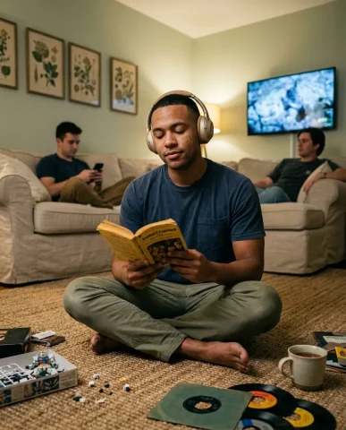 Living Room Headphones Reader 1 — Nano Banana AI Prompt: Tight face crop from chin to the headphone band. Eyes softly closed, expression...