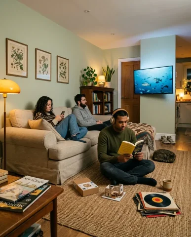 Living Room Headphones Reader 4 — Nano Banana AI Prompt: His expression is caught mid-thought — eyes focused directly at the camera but t...