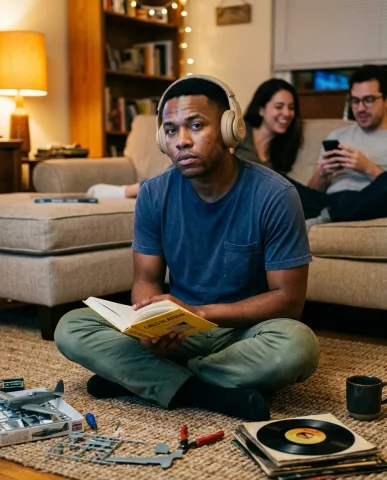 Living Room Headphones Reader 6 — Nano Banana AI Prompt: Serene living room portrait of a young man in headphones reading on a jute rug,...